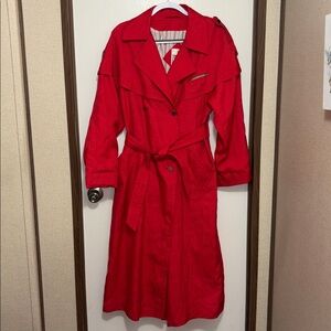 J Gallery Red Trench Coat Size 9/10 Belted Double Breasted Long Jacket